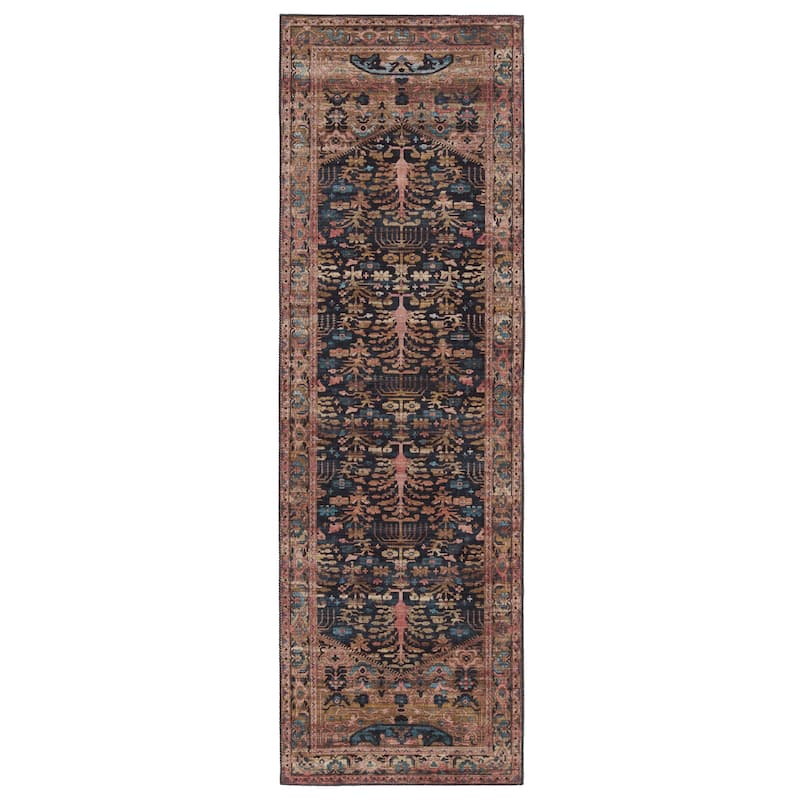 Jayven Machine Washable Medallion Blue/ Tan Area Rug - 2'6"X8' - Runner/Rectangle