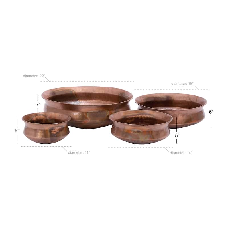 Metal Wide Weathered Low Bowl Planter - Set of 4 Copper - Roche River Decor - 22"W x 22"L x 7"H