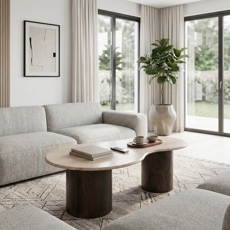 Mango Wood Travertine Curvy Top Coffee Table - Brown, 16" - 48.0"