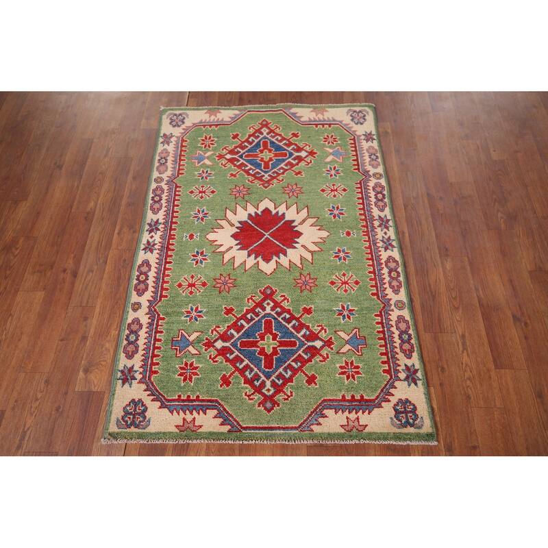 Light Green Kazak Oriental Foyer Rug Hand-Knotted Wool Carpet - 2'9" x 4'1"