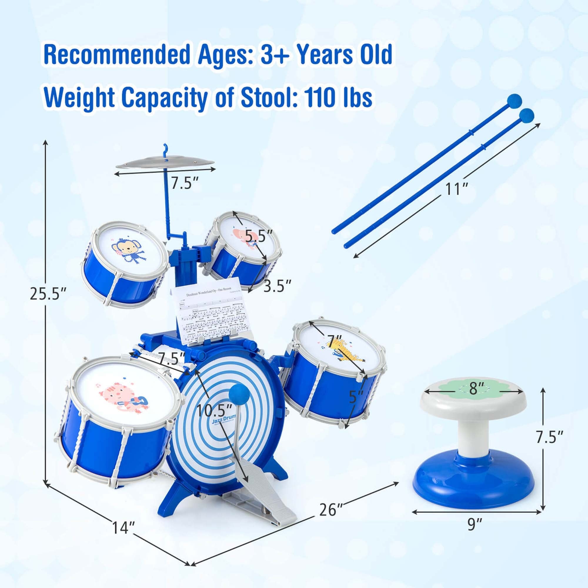 Kids Drum Set Educational Percussion Musical Instrument Toy - Bed