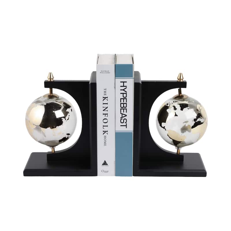 Decorative Glass and Metal Globes Bookends - Set of 2", 9", Black - 14.0"