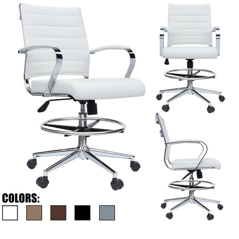 Office Chair With Arms Stools For Counter Height Bar Office Wheels PU Leather Rest Tilt Swivel Work Office Standing Desk - White
