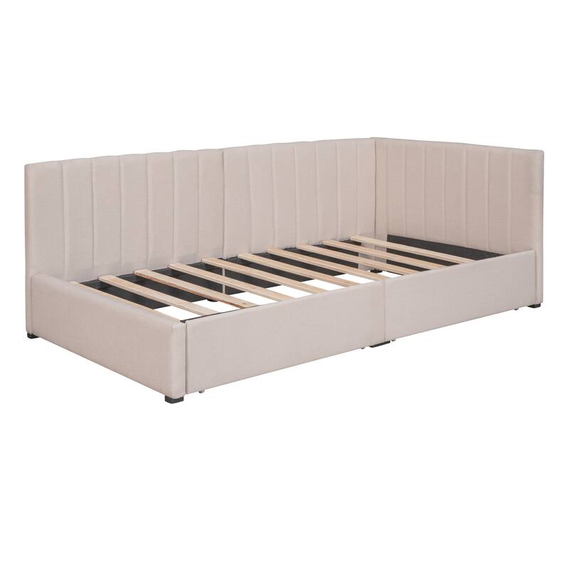 Beige Twin Linen Upholstered Daybed with Two Drawers - No Box Spring Needed, Sofa Bed Frame