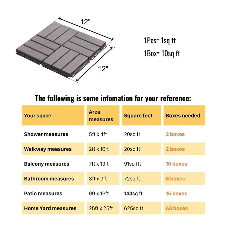 10 PCS Interlocking Deck Tiles Checker Pattern, 12" x 12" Light Gray Square Acacia Hardwood Outdoor Flooring