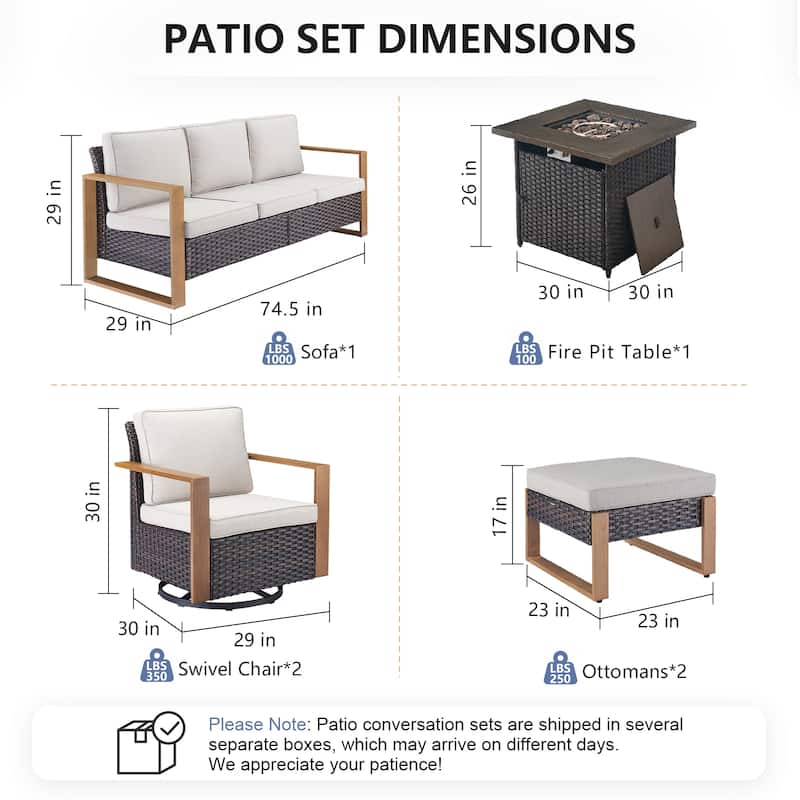 Pocassy Outdoor Fire Pit with 3-Seat Sofa Swivel Chairs Patio Furniture Set