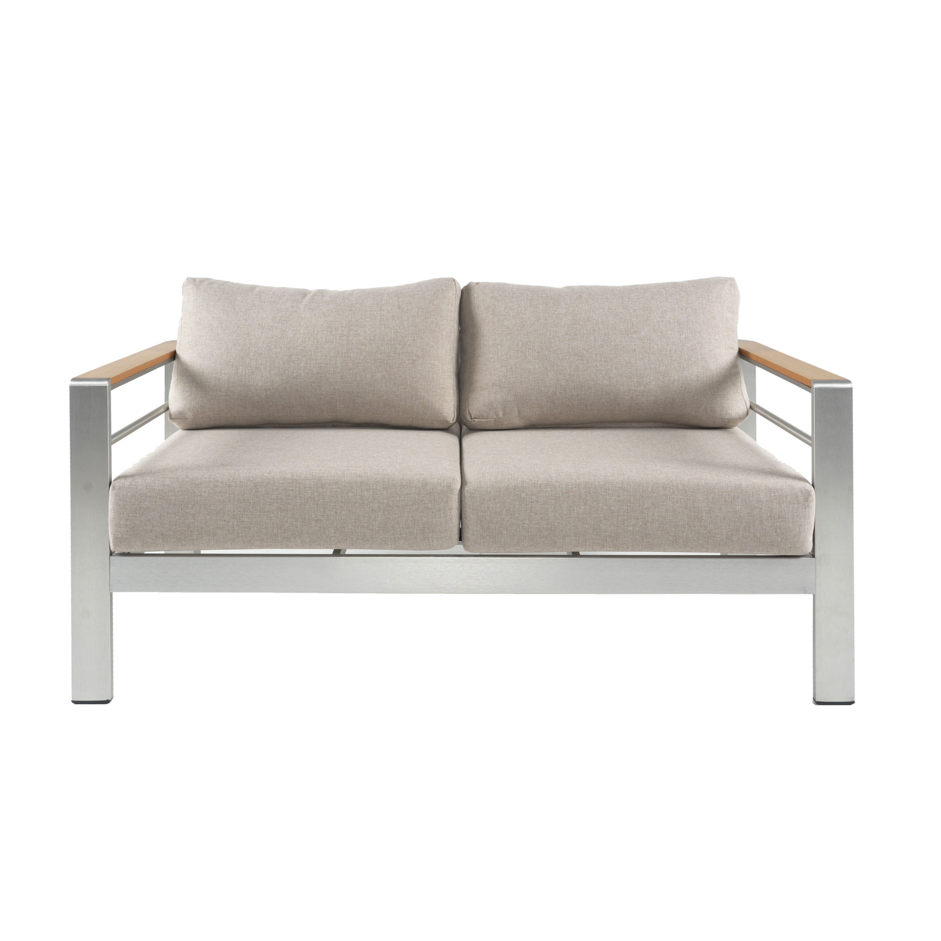 Roomfitters Cora Outdoor Aluminum Loveseat Bench with Olefin Fabric Cushions, Silver and Beige