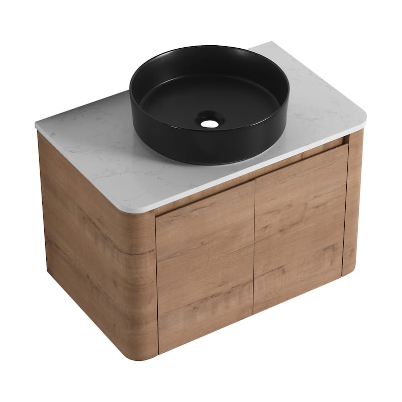 30'' Wall-Mounted Bathroom Vanity With Ceramic Art Sink & 2-Soft-Close Door, KD-Packing, Plywood