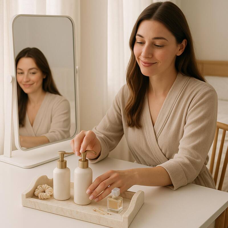 Creative Home Champagne Marble Large Arch Vanity Tray, Bath Towel Tray, Bathroom Accessory Organizer - Beige