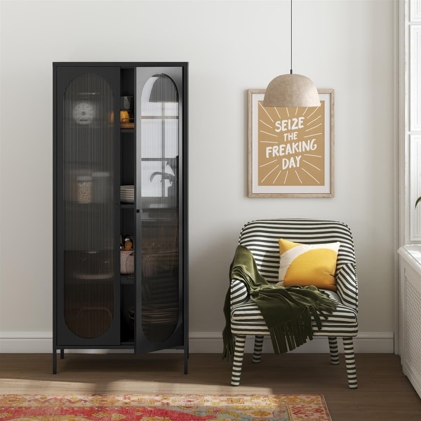 Mr. Kate Luna Tall 2 Door Accent Cabinet with Fluted Glass, Black