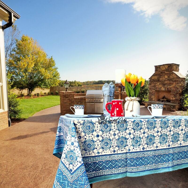 Cotton Springtime Splendor Tablecloth Collection, Ice Blue