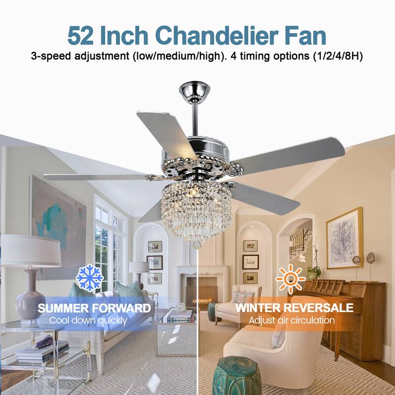 52" Chrome Chandelier Ceiling Fan, Pull Chain Ceiling Fan with Remote Control 3 Speed Ceiling Fan for Bedroom and Living Room