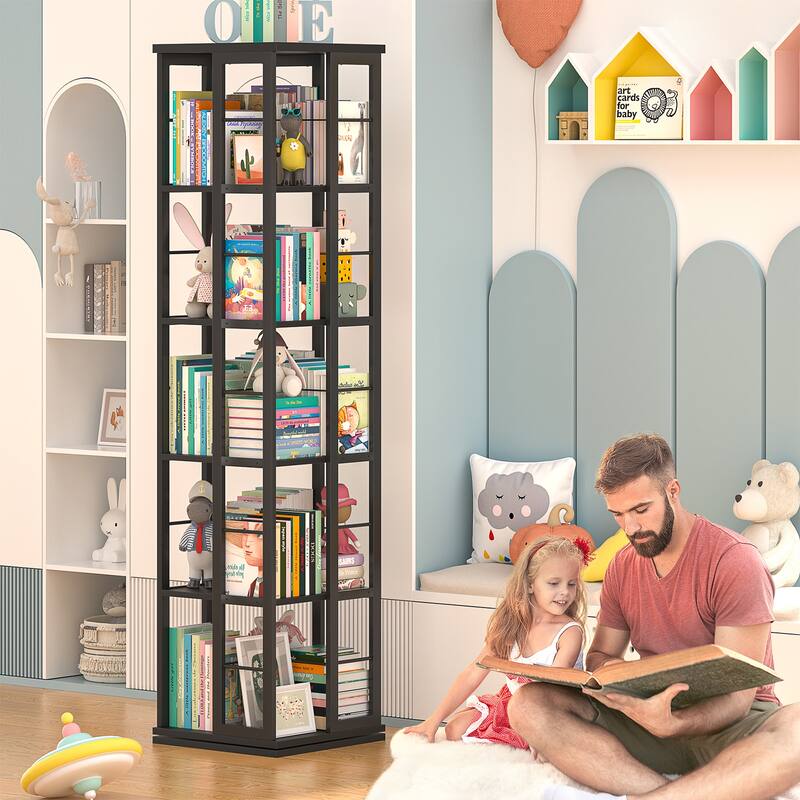 5-Tier Corner Rotating Bookshelf, 360 Display Wood Spinning Bookshelf, Floor Standing Bookcase Organizer Storage Rack