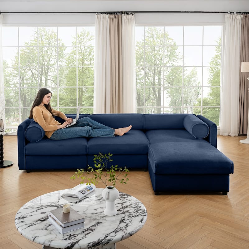 Chenille L-Shaped Sofa with Storage, 3-Seater Couch with Ottoman, Cylindrical Backrests & Armrests, Modern Modular Sofa - Blue