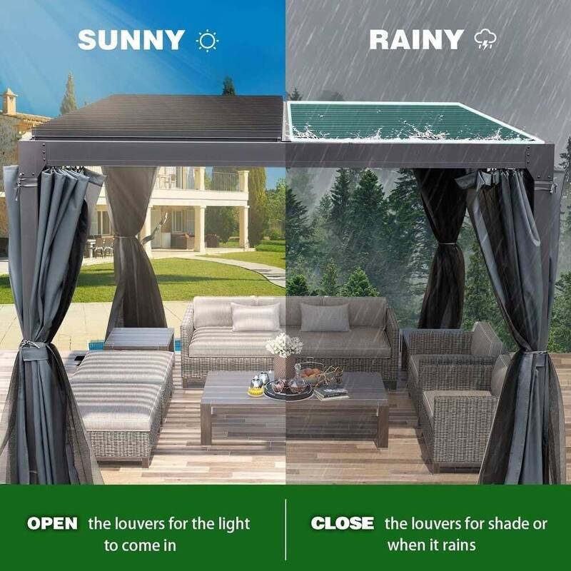 Outdoor Louvered Pergola, Outdoor Patio Hardtop Gazebo, Adjustable Metal Roof Curtains and Netting Included