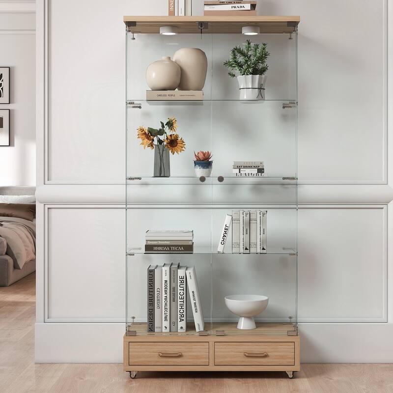Modern Glass Display Cabinet with Large Drawer for Living Room and Bedroom - Natural