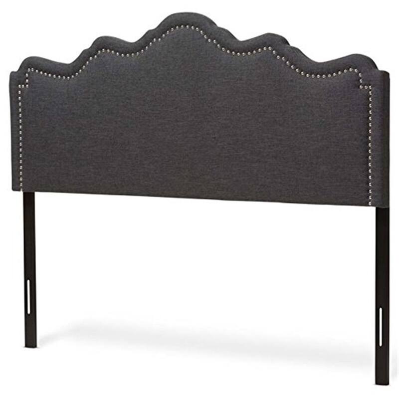 Dark Grey Fabric Upholstered Full Size Headboard with Curved Design and Adjustable Wood Posts