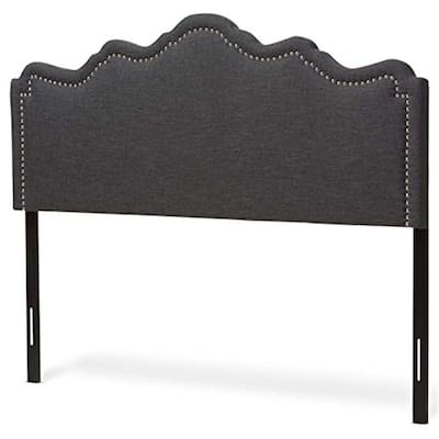 Dark Grey Fabric Upholstered Full Size Headboard with Curved Design and Adjustable Wood Posts