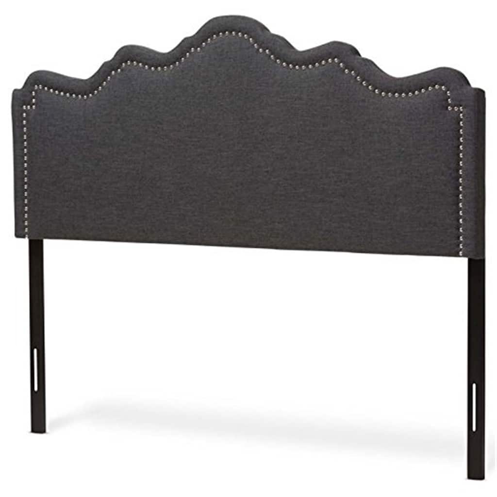 Dark Grey Fabric Upholstered Full Size Headboard with Curved Design and Adjustable Wood Posts