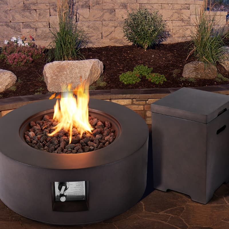 AVAWING 50,000 BTU 30" Outdoor White Round Propane Fire Pit Table and Set (Set Includes Tank Holder)
