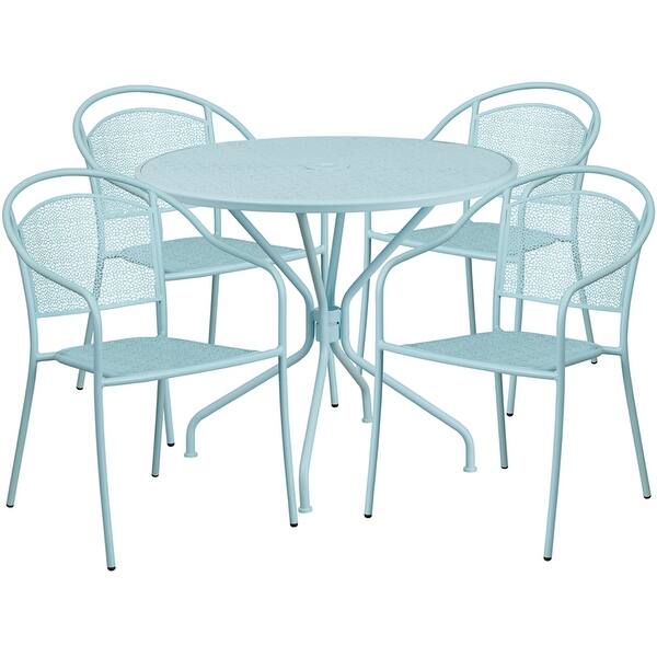 Shop Sterling Round 35 25 Sky Blue Indoor Outdoor Steel Table Set W 4 Round Back Chairs For Restaurant Bar Pub Patio Overstock 15869928