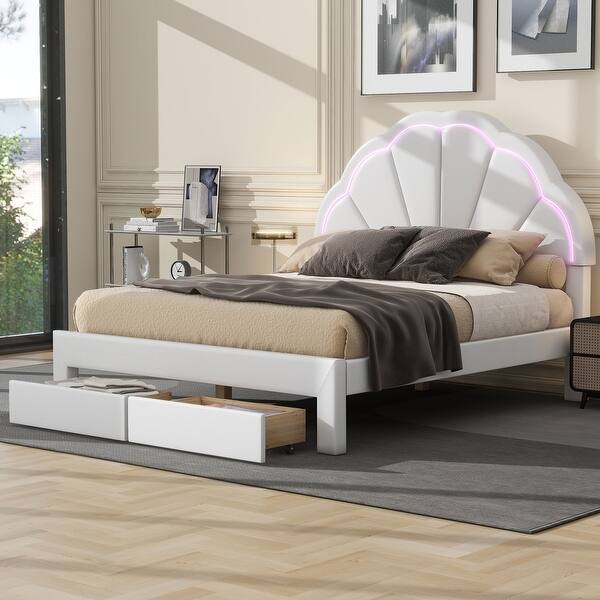 slide 2 of 18, Chic Full Size LED Bed with Seashell Headboard and Dual Storage Drawers, White/Pink