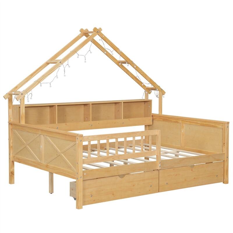Wooden House Platform Bed with LED Light and 2 Storage Drawers, Full Size Daybed Sofa Bedframe with Storage Shelves & Guardrail