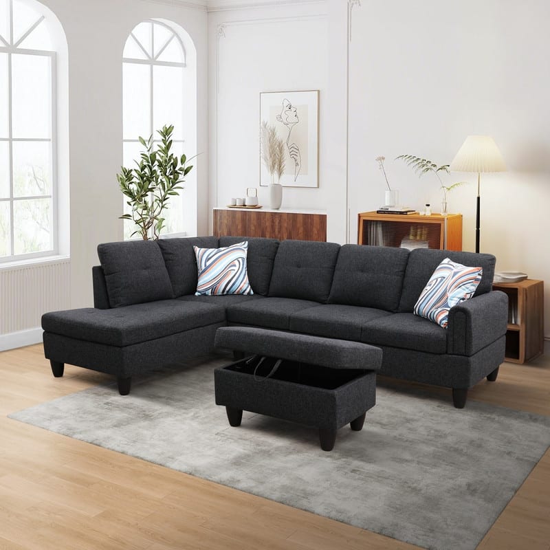 Durable 3PC Sectional Sofa with Double Spring Support, Breathable Fabric, Storage Ottoman