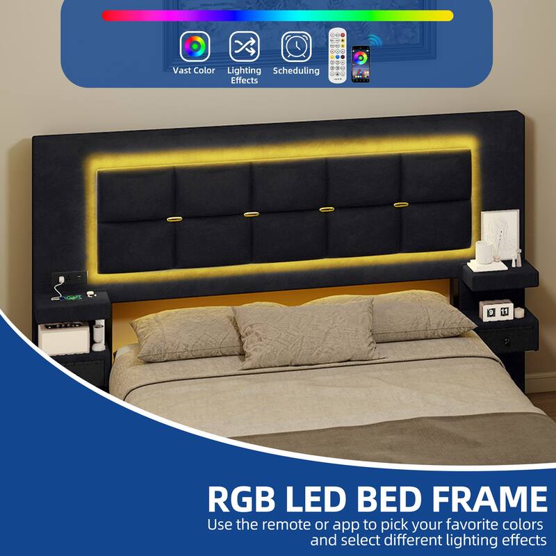 Moasis Queen Size Luxury Velve Bed Frame with Upholstered Oversize Headboard and LED Lights and Charging Station