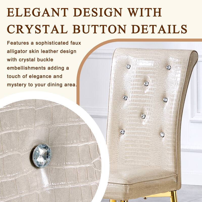 A set of 2 vintage crocodile leather cushioned dining chairs, featuring crystal clasp design and artificial leather design