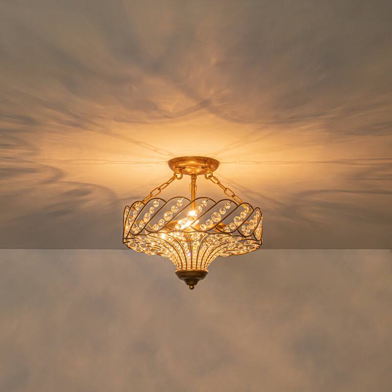 3-Light Glam Crystal Flush Mount Ceiling Light - Antique Gold - 15.8 in W × 12.6 in H