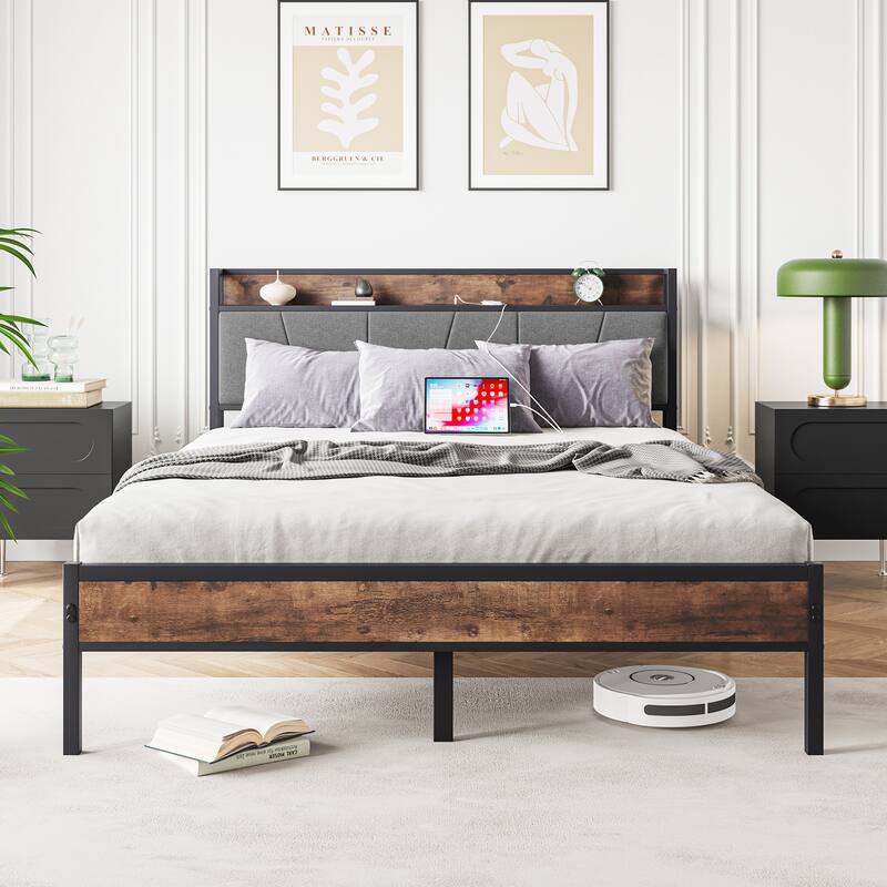 Metal Platform Bed Frame with Headboard & Footboard - Brown - Queen