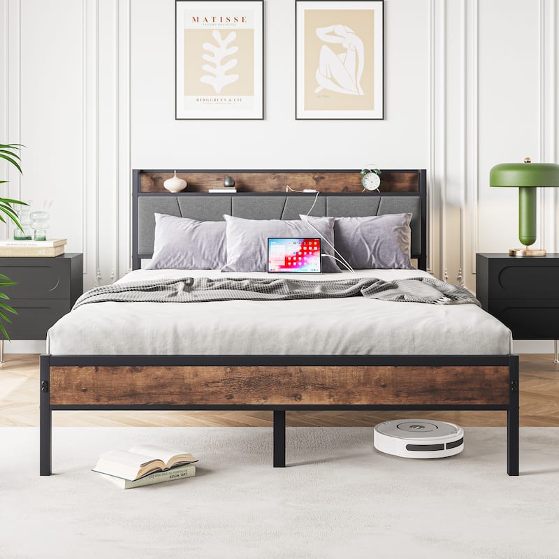 Twin Size Bed Frame with Storage Headboard and Charging Station - Brown-1