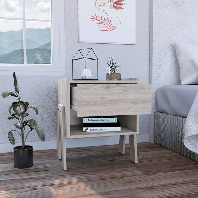 Modern Nightstand with Drawer and Open Shelf, Light Gray, Space-Saving Design