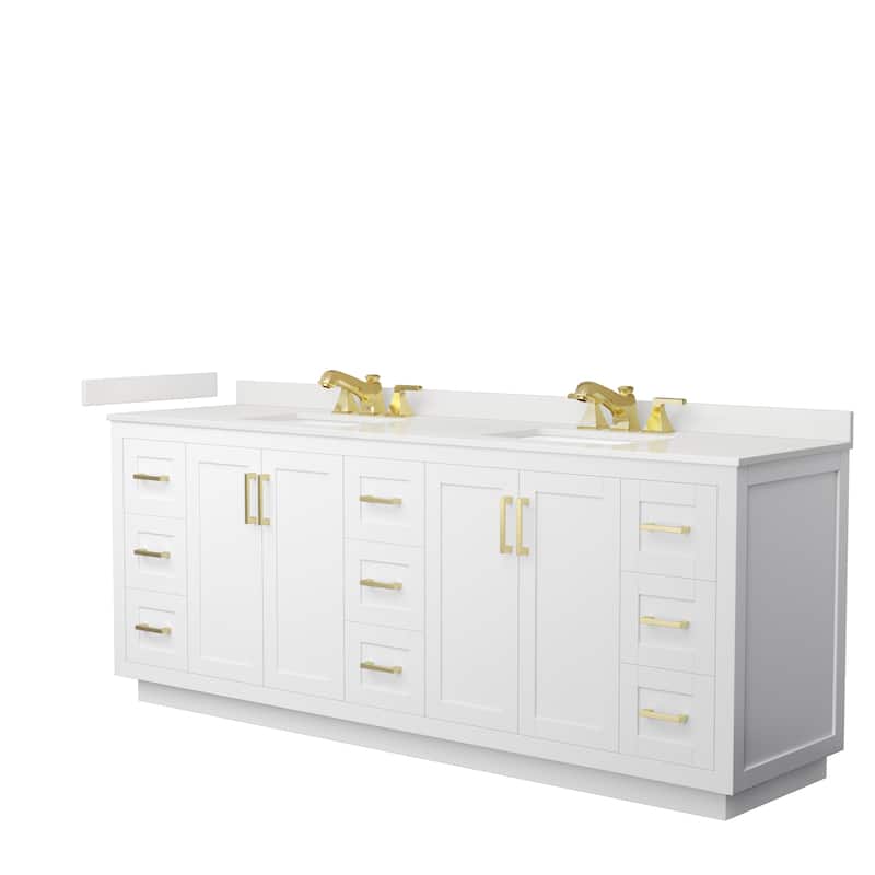 Miranda 84-inch Double Vanity, Quartz Top - White, Gold Trim, White Quartz Top