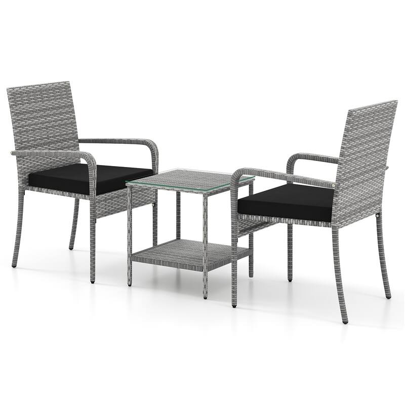 3-Piece Mix Grey Rattan Patio Furniture Set with Cushioned Chairs and Tempered Glass Table for Backyard or Balcony