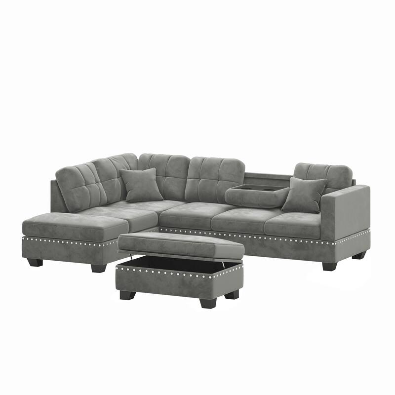 105 inch Reversible Sectional Sofa L shape Couch Space Saving with Storage Ottoman and Cup Holders Design