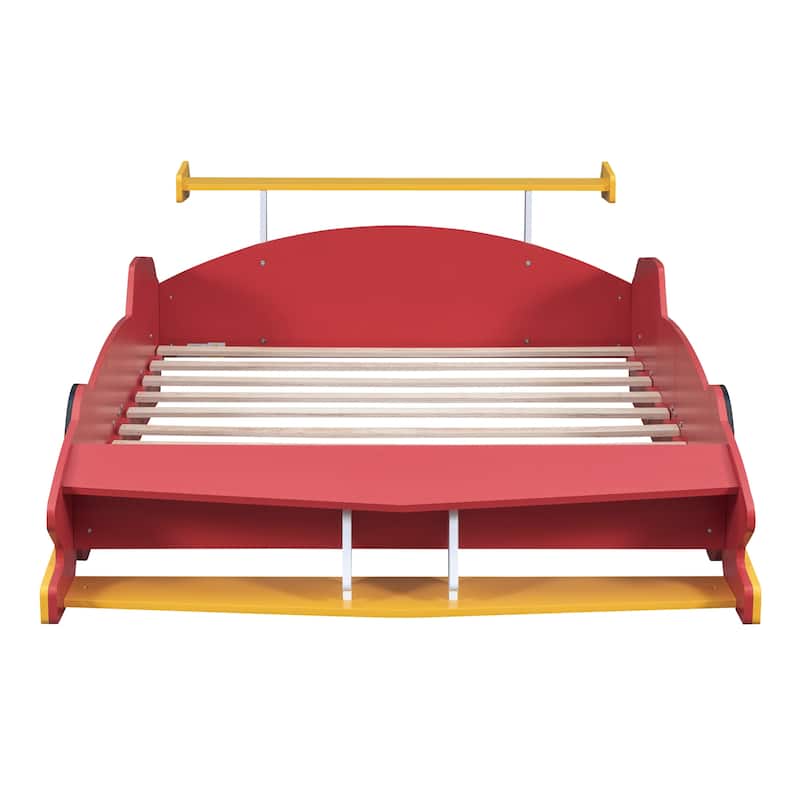 Full Size Solid Wood Race Car-Shaped Platform Bed with Headboard, Wheels and Storage Rack