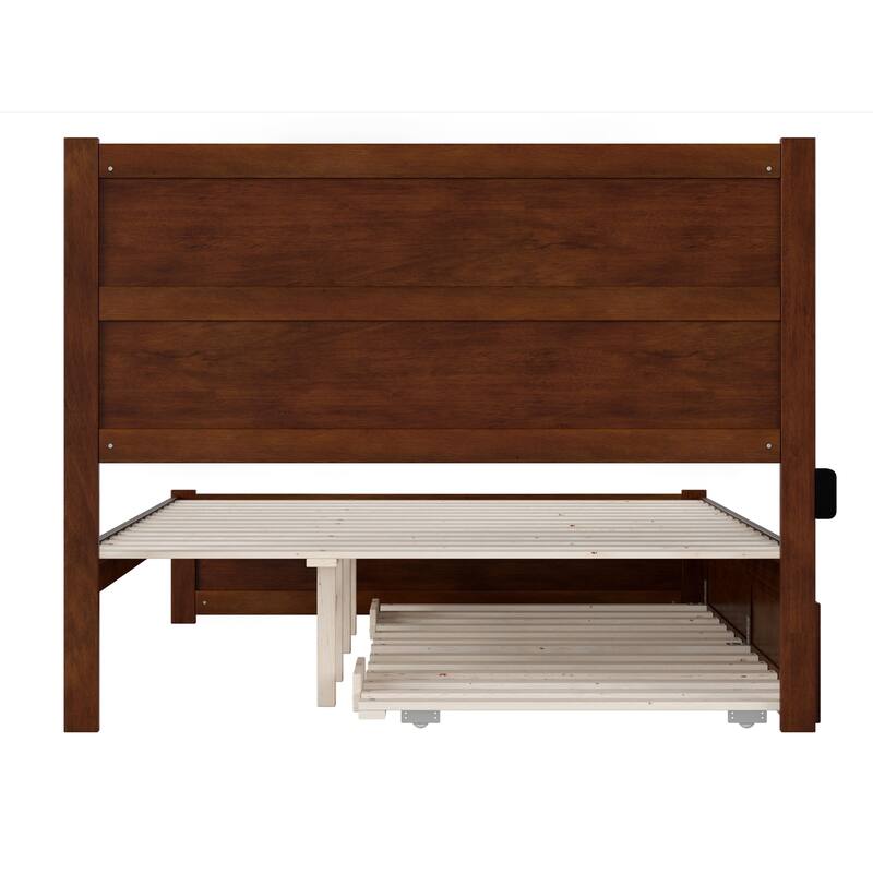 Twin Trundle Bed with Charging Station - Modern Platform Bed - Walnut Finish - 81.5" L x 40.38" W