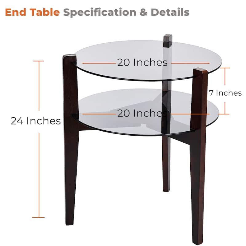 24 Inches 2-tier Glass Round End Table with Shelf and Wooden Legs