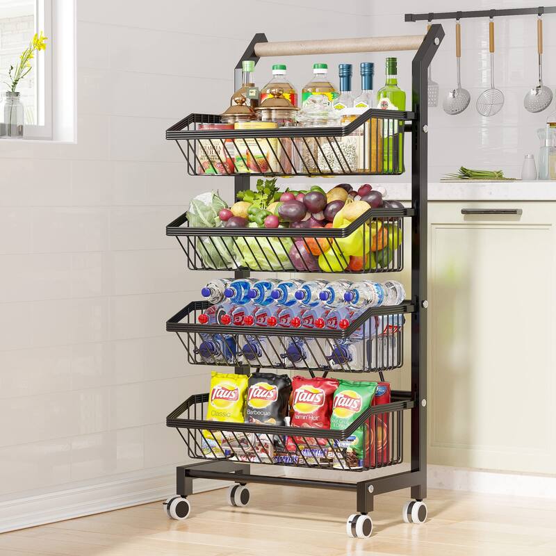 Snack Cart with Wheels 4-Tier Adjustable Fruit Rack Fruit Vegetable Basket Cart Metal Wire Storage Cart Rolling Pantry Utility - Black