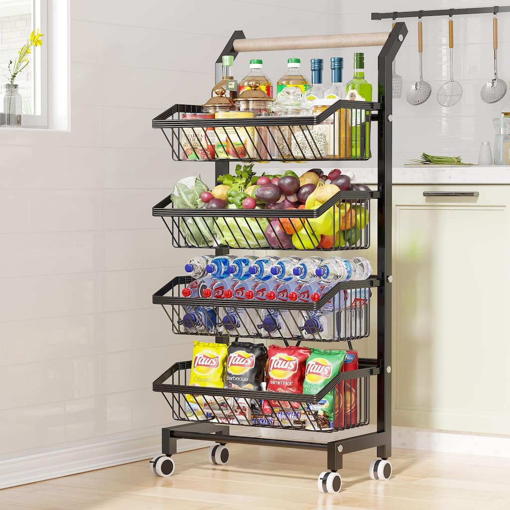 Snack Cart with Wheels 4-Tier Adjustable Fruit Rack Fruit Vegetable Basket Cart Metal Wire Storage Cart Rolling Pantry Utility