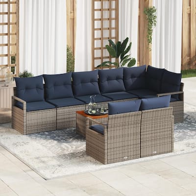vidaXL 9 Garden Sofa Set with Cushions Black/Grey Poly Rattan - 113 x 48 x 27.2