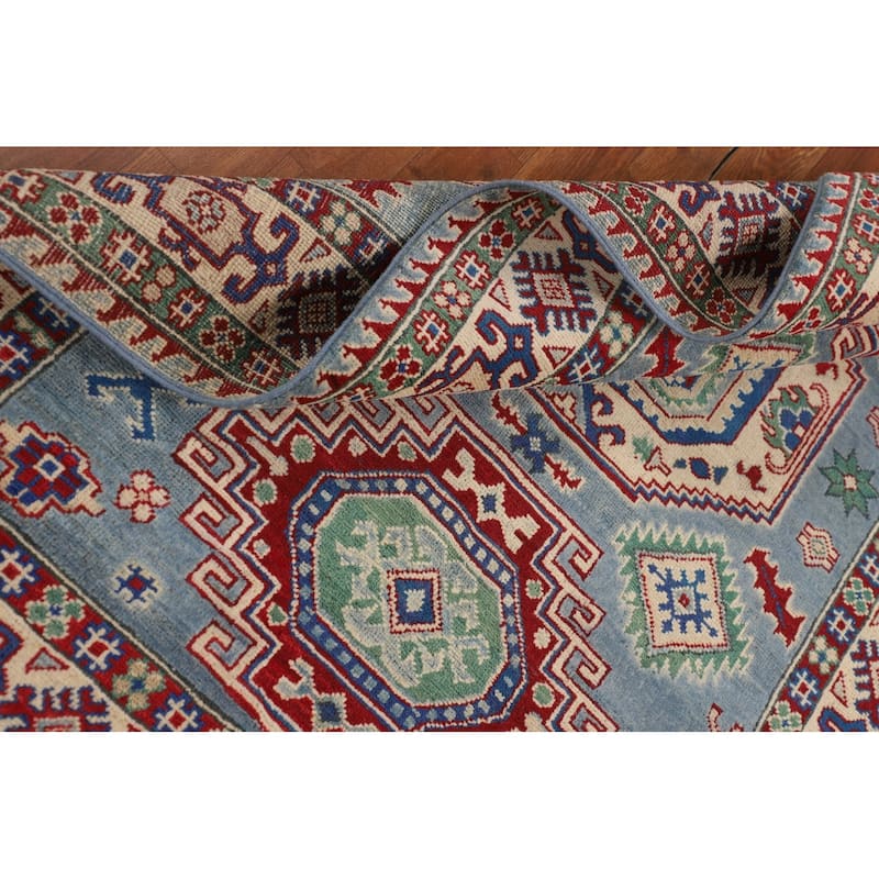 Light Blue Geometric Kazak Area Rug Hand-Knotted Wool Carpet - 4'0" x 5'10"