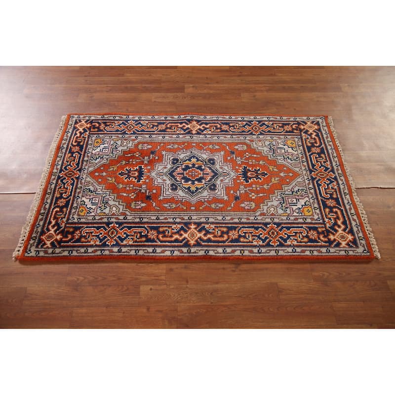 Orange Geometric Heriz Serapi Oriental Accent Rug Handmade Wool Carpet - 2'11"x 4'11"