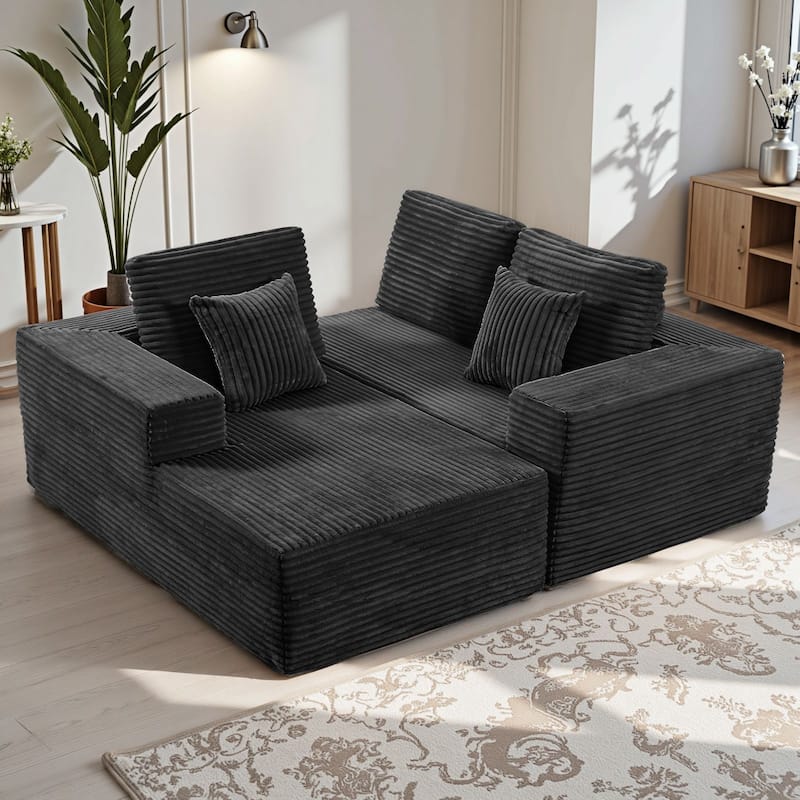 Meyreso No Assembly Required Long Plush L-Shaped Sectional Sofa with Square Nesting Coffee Tables