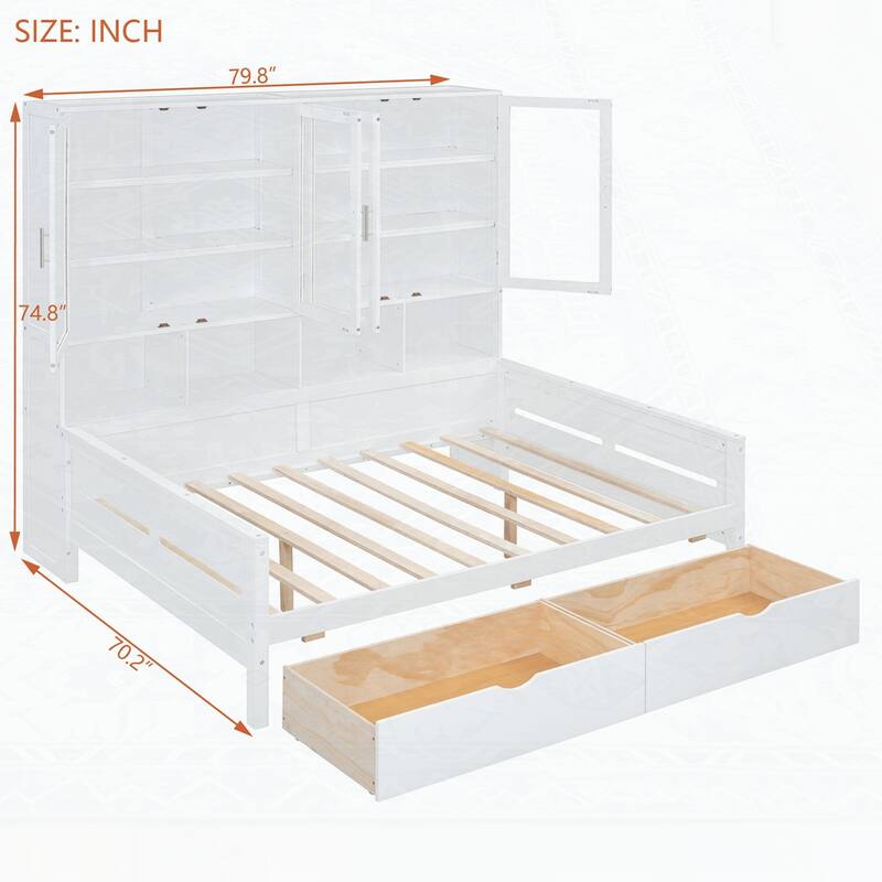 Wooden Daybed with Glass-Door Storage Cabinets and Built-in LED Lighting