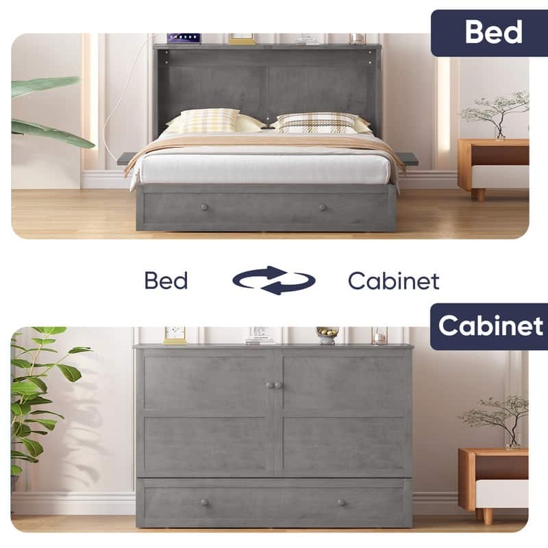 Mixoy Murphy Bed with Mattress,Modern Cube Foldable Cabinet Bed with Charging Station
