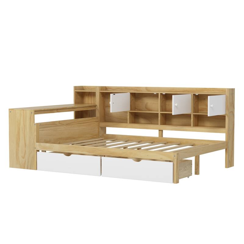 L-Shape Daybed with Storage Cabinets, Drawers, Study Desk, and Built-in Bookshelf, Natural+White