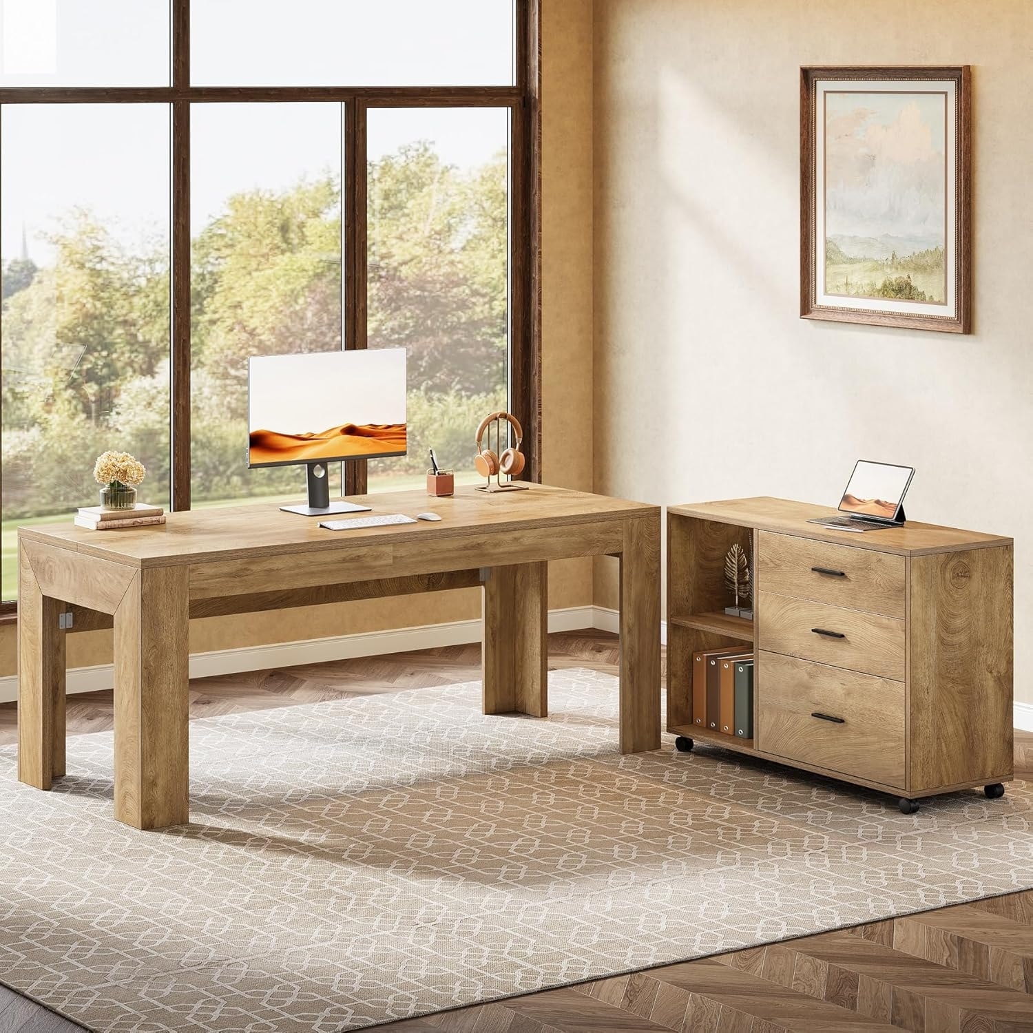 63" L Shaped Desk with File Cabinet, Executive Office Desk
